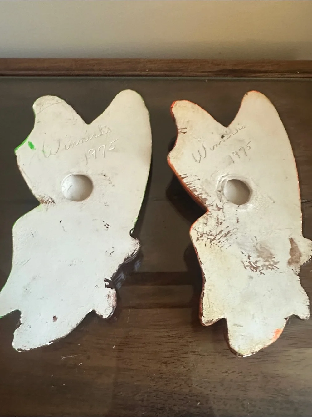 Vintage 1975 Handmade Ceramic Butterfly Wall Art Pair - Green & Orange
